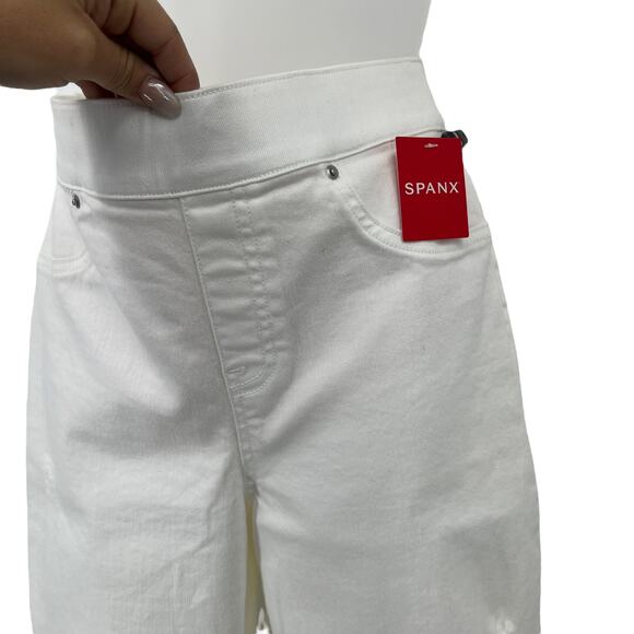 SPANX Distressed Skinny Jeans White Pull On Stretch Pockets Slimming Medium NEW - Picture 5 of 10